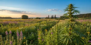Plante de cannabis poussant dans une prairie avec fleurs sauvages.