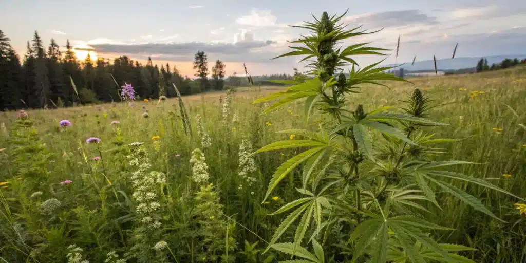 Plant de cannabis dans une prairie naturelle avec fleurs sauvages.