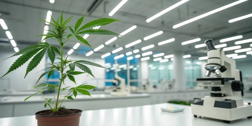 Plant de cannabis en laboratoire de recherche avec equipement scientifique.