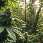 Plante de cannabis poussant en foret sous une lumiere naturelle filtrée.