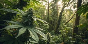 Plante de cannabis poussant en foret sous une lumiere naturelle filtrée.