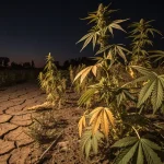 Plants de cannabis sur sol fissure par la secheresse en culture exterieure.