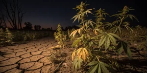 Plants de cannabis sur sol fissure par la secheresse en culture exterieure.