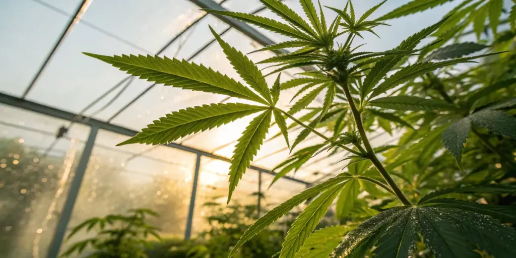 Plant de cannabis en serre sous lumiere naturelle avec humidite controlee.