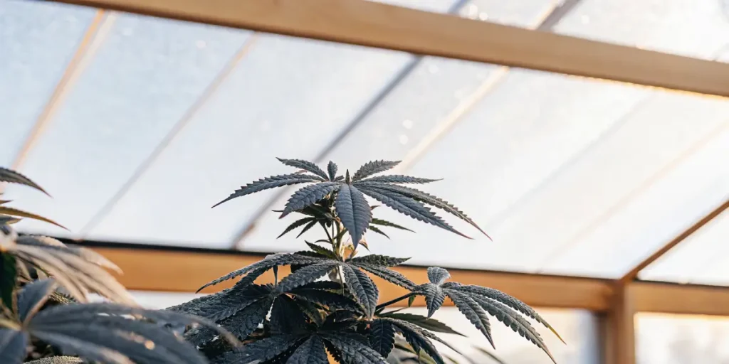Cannabis serre feuilles foncees sous charpente bois et toit translucide.