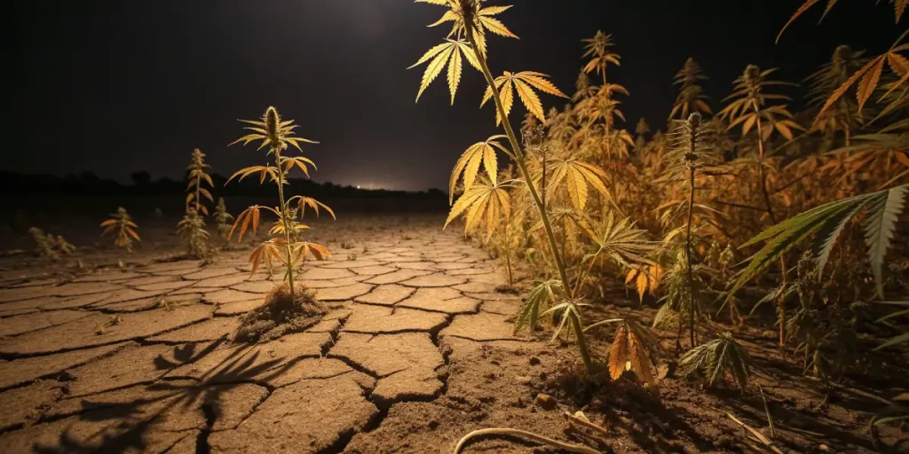Plantes de cannabis aux feuilles jaunies sur terrain aride.