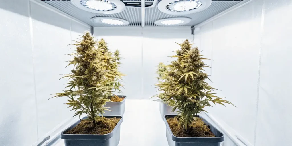 Plantes de cannabis matures cultivées dans une chambre de culture contrôlée avec éclairage LED puissant.