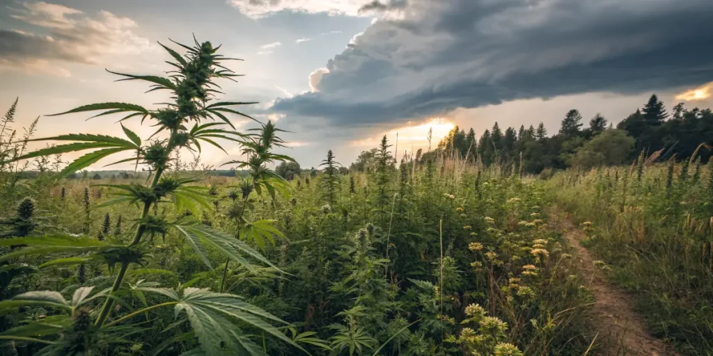 Champ de cannabis en culture exterieure entoure de vegetation sauvage.
