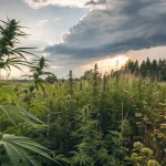 Champ de cannabis en culture exterieure entoure de vegetation sauvage.