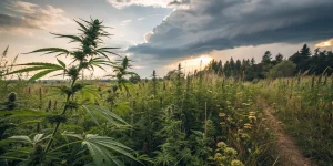 Champ de cannabis en culture exterieure entoure de vegetation sauvage.