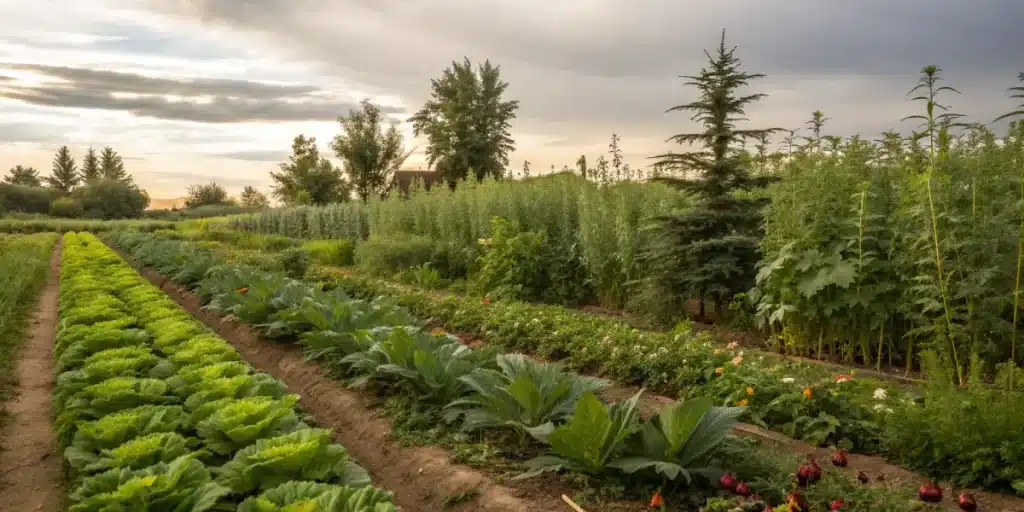 Champ de cannabis integre a une culture mixte avec legumes et plantes compagnes.