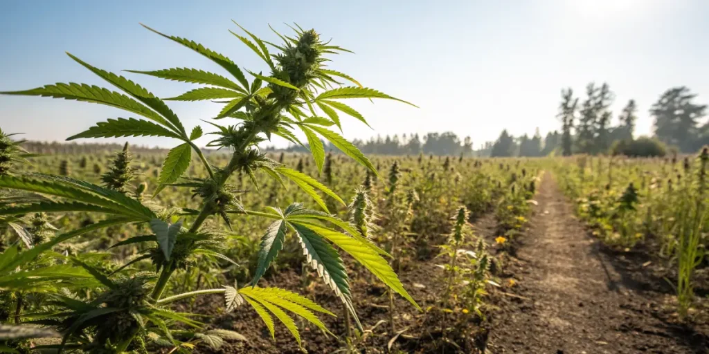 Champ de cannabis cultive en rangs reguliers en plein air.