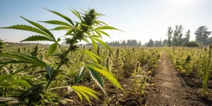 Champ de cannabis cultive en rangs reguliers en plein air.