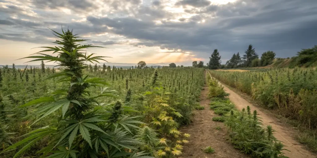 Champ de cannabis cultive en plein air avec rangs de plantes.
