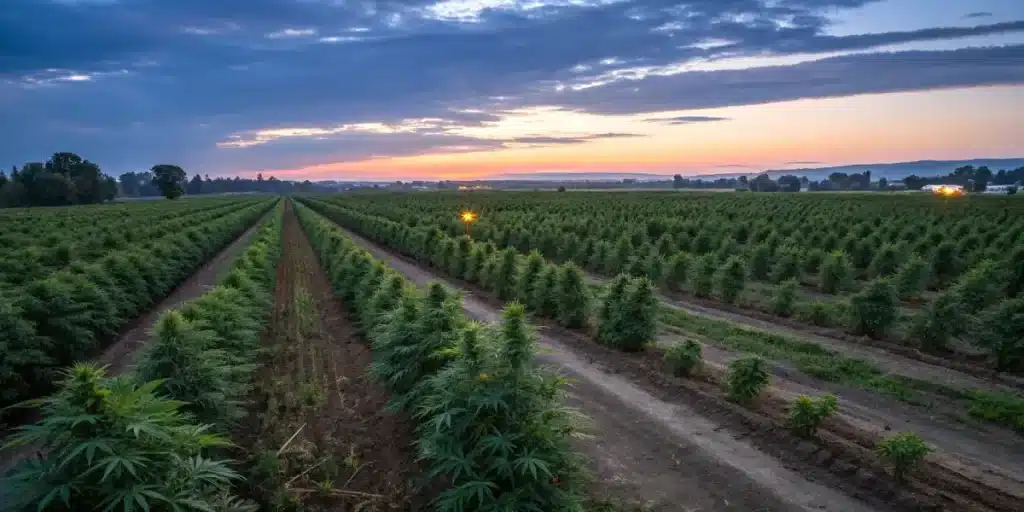 Champ de cannabis cultivé en rangs dans une grande exploitation agricole.