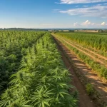 Vue aérienne d’un grand champ de cannabis cultivé en plein air.