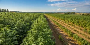 Vue aérienne d’un grand champ de cannabis cultivé en plein air.