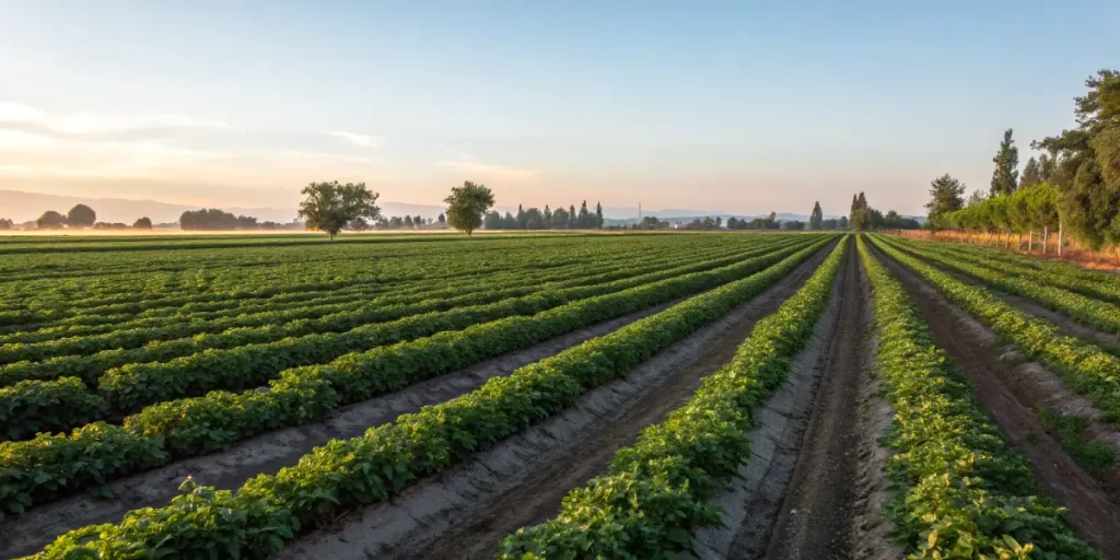 Champ agricole avec cultures alignees au lever du soleil.