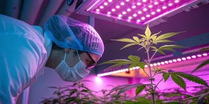 Chercheur observant une plante de cannabis sous lumiere LED en laboratoire.