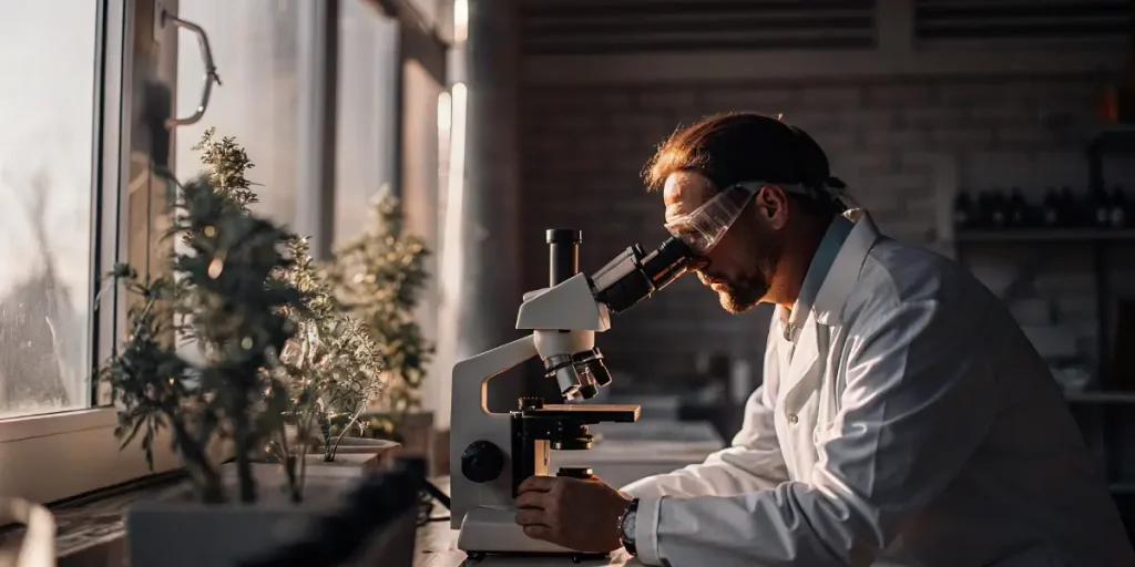 Chercheur étudiant des échantillons de cannabis au microscope en laboratoire.