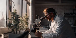 Chercheur étudiant des échantillons de cannabis au microscope en laboratoire.