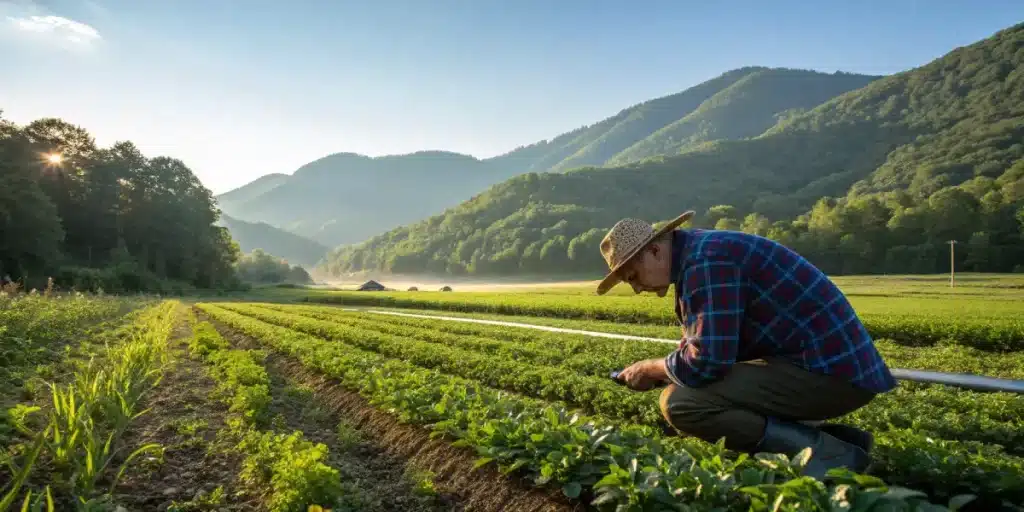 Agriculteur controlant des cultures en rangees avec systeme d irrigation.