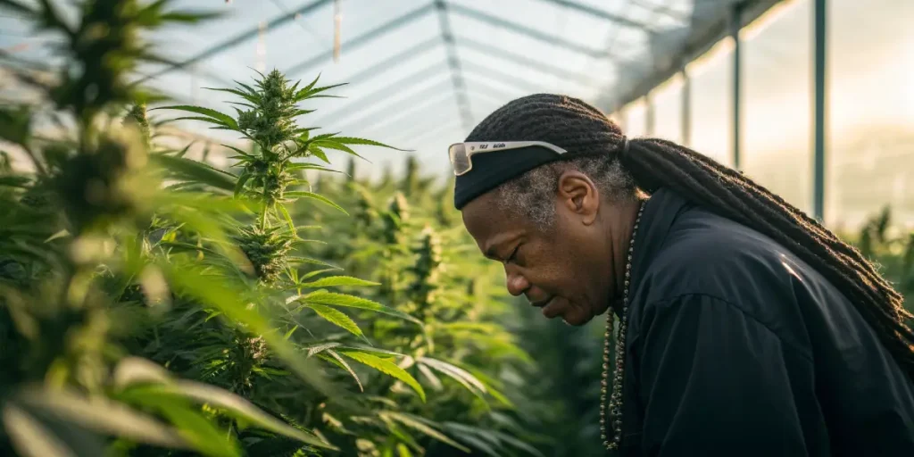 Cultivateur controlant la qualite des plants de cannabis en serre.