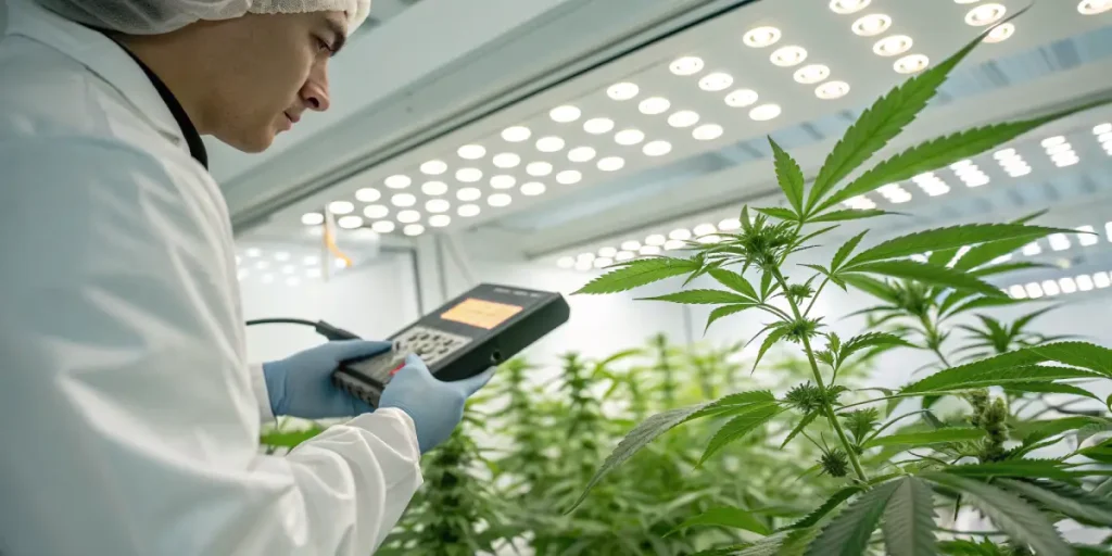Technicien analysant un plant de cannabis sous lumiere LED en culture interieure.
