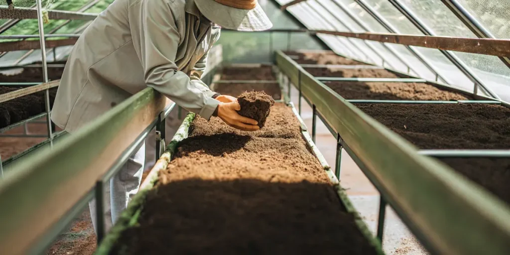 Agriculteur verifiant la qualite du substrat dans une serre de culture.