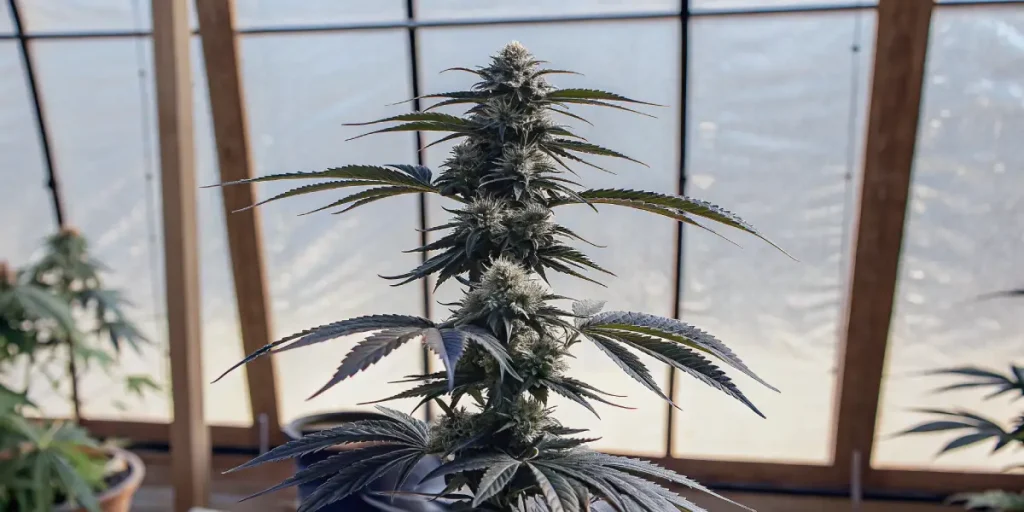 Plante de cannabis entièrement mature cultivée en intérieur avec têtes compactes et feuillage développé.