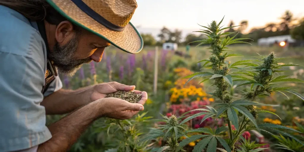 Cultivateur inspectant des plantes de cannabis dans un jardin diversifié.