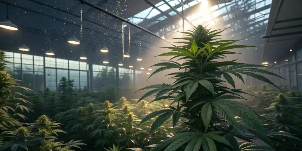 Plant autofleur en serre sous eclairage artificiel et brumisation.