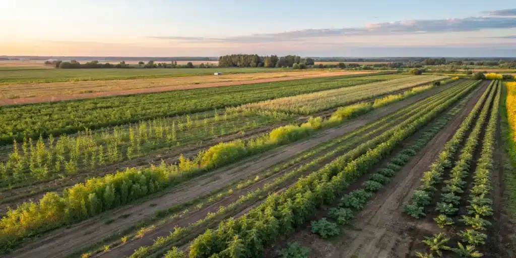 Vue aerienne de champs agricoles avec cultures diverses et cannabis.