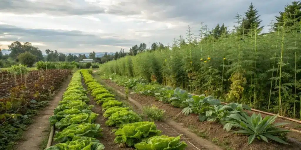 Culture de cannabis en plein air entouree de legumes dans un jardin maraicher diversifie.
