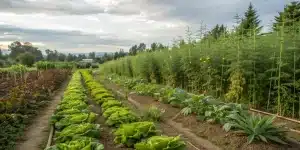Culture de cannabis en plein air entouree de legumes dans un jardin maraicher diversifie.