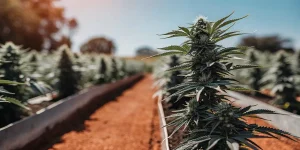 plante de cannabis cultivée en extérieur alignée en rangées sur sol rouge sous lumière naturelle