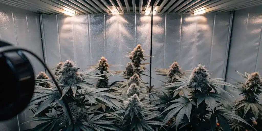 Plantes de cannabis en intérieur avec bourgeons compacts sous lumière artificielle