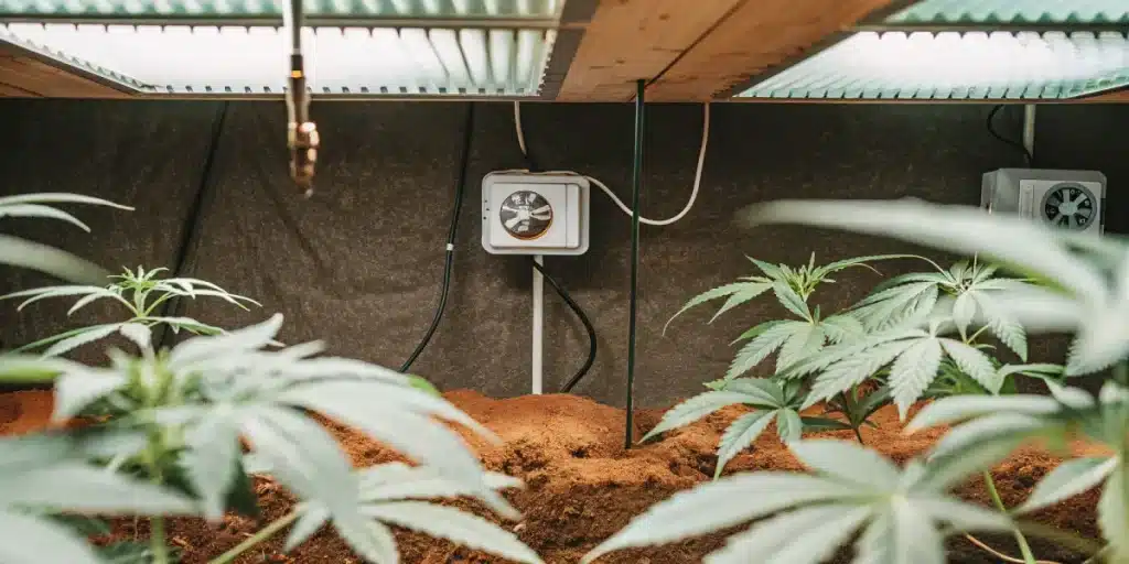 Culture de cannabis en intérieur avec contrôle du climat, substrat organique et système de ventilation