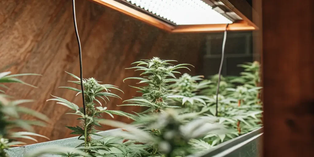 Plants de cannabis en floraison cultivés en intérieur sous une lampe LED horticole dans un espace contrôlé