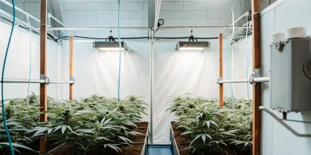 installation avancée de culture de cannabis en intérieur avec éclairage suspendu et plantes en phase végétative