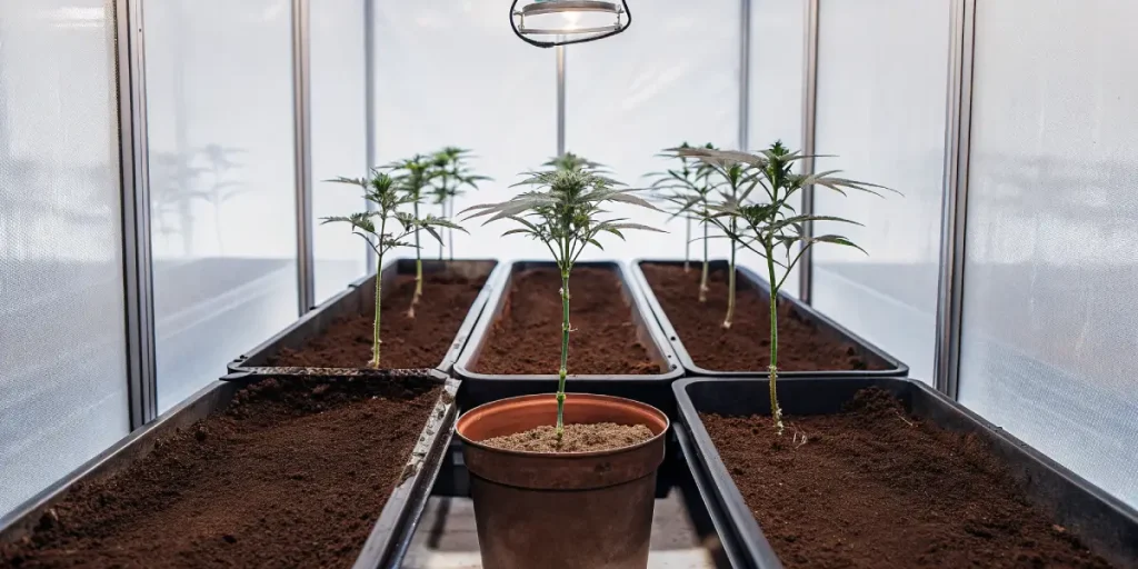 Jeunes plants de cannabis cultivés en intérieur dans des bacs remplis de substrat, sous éclairage LED horticole