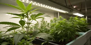 Jeunes plants de cannabis cultivés en interieur sous lampes LED horticoles.