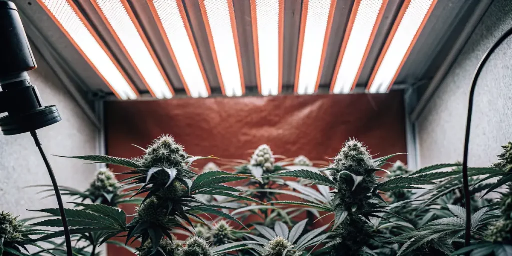 Culture de cannabis en intérieur sous éclairage LED pendant la phase de floraison