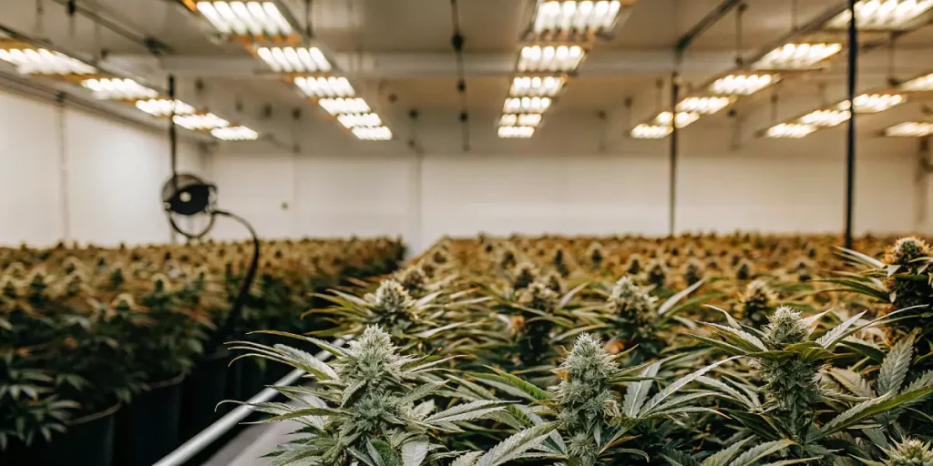 culture de cannabis en intérieur à grande échelle sous éclairage LED professionnel avec rangées de plantes en floraison