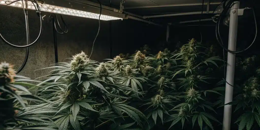 Plantes de cannabis en floraison cultivées en intérieur sous lampes LED puissantes
