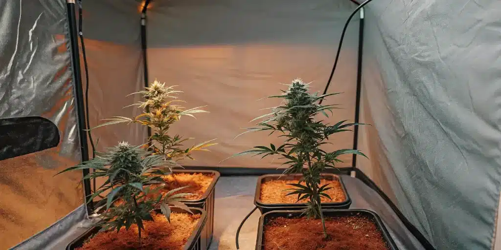 Plantes de cannabis cultivées en intérieur dans une tente de culture avec pots individuels et éclairage contrôlé.