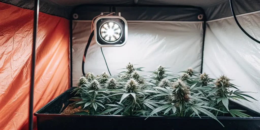 Culture de cannabis en intérieur avec bacs de culture, système de ventilation et jeunes plants en phase de croissance.