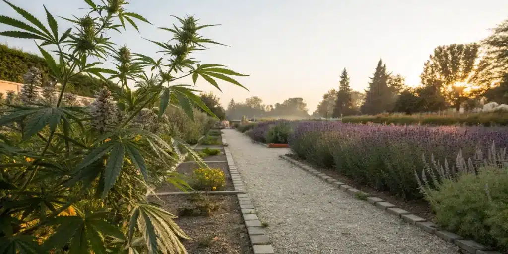 Culture de cannabis integree a un jardin aromatique en plein air.