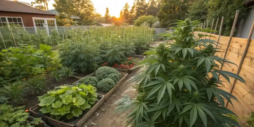Culture de cannabis integree a un jardin potager avec diverses plantes.