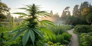 Plant de cannabis cultivé dans un jardin paysager avec chemin naturel.